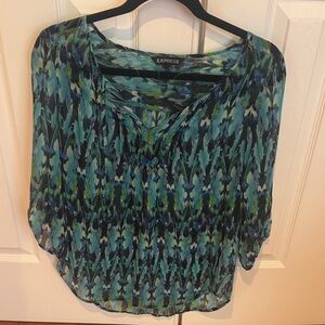 Express Women's Teal and Black Patterned Blouse